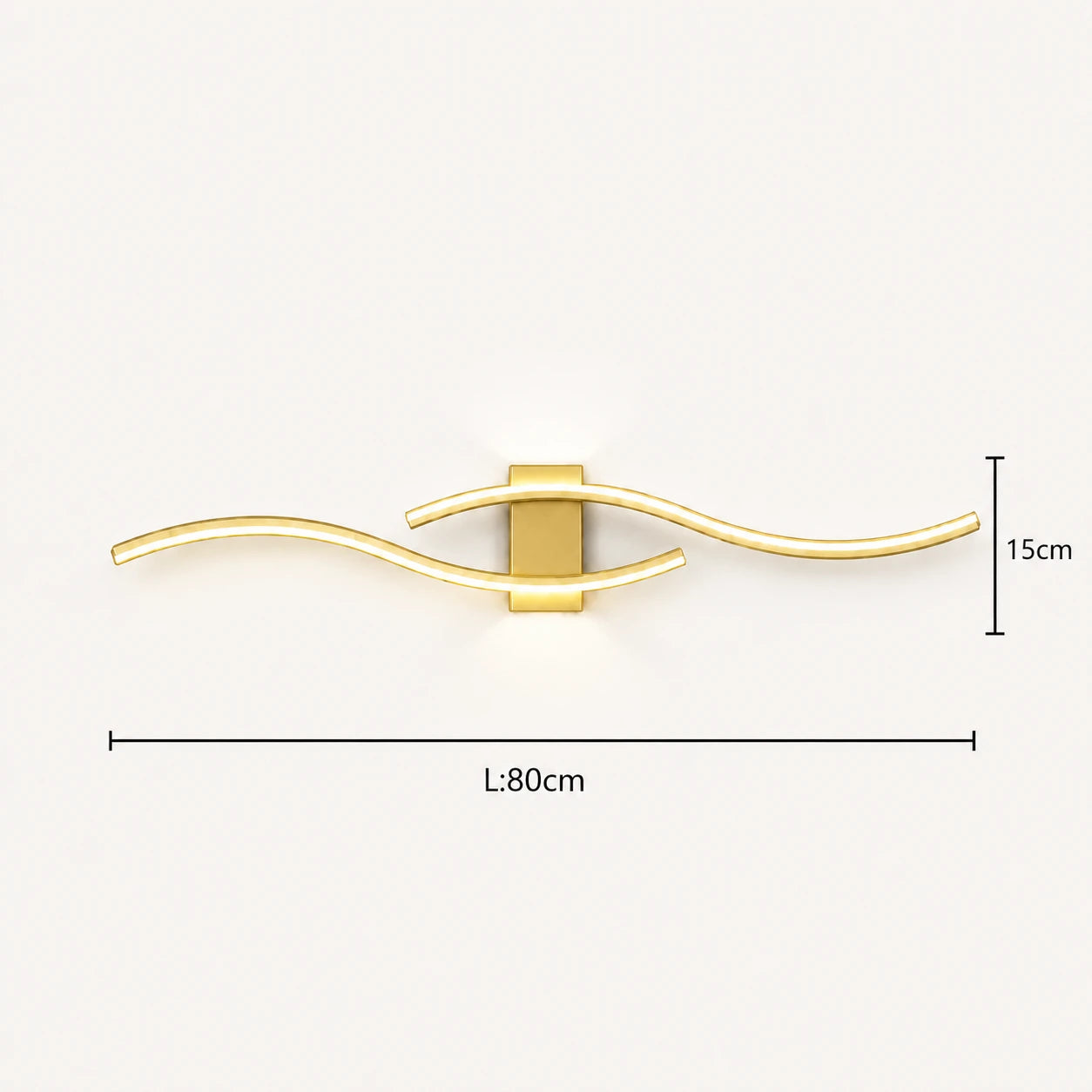 Wave LED modern wall light in gold 80cm dimensions — longer wave panel for wide walls in warm gold finish.