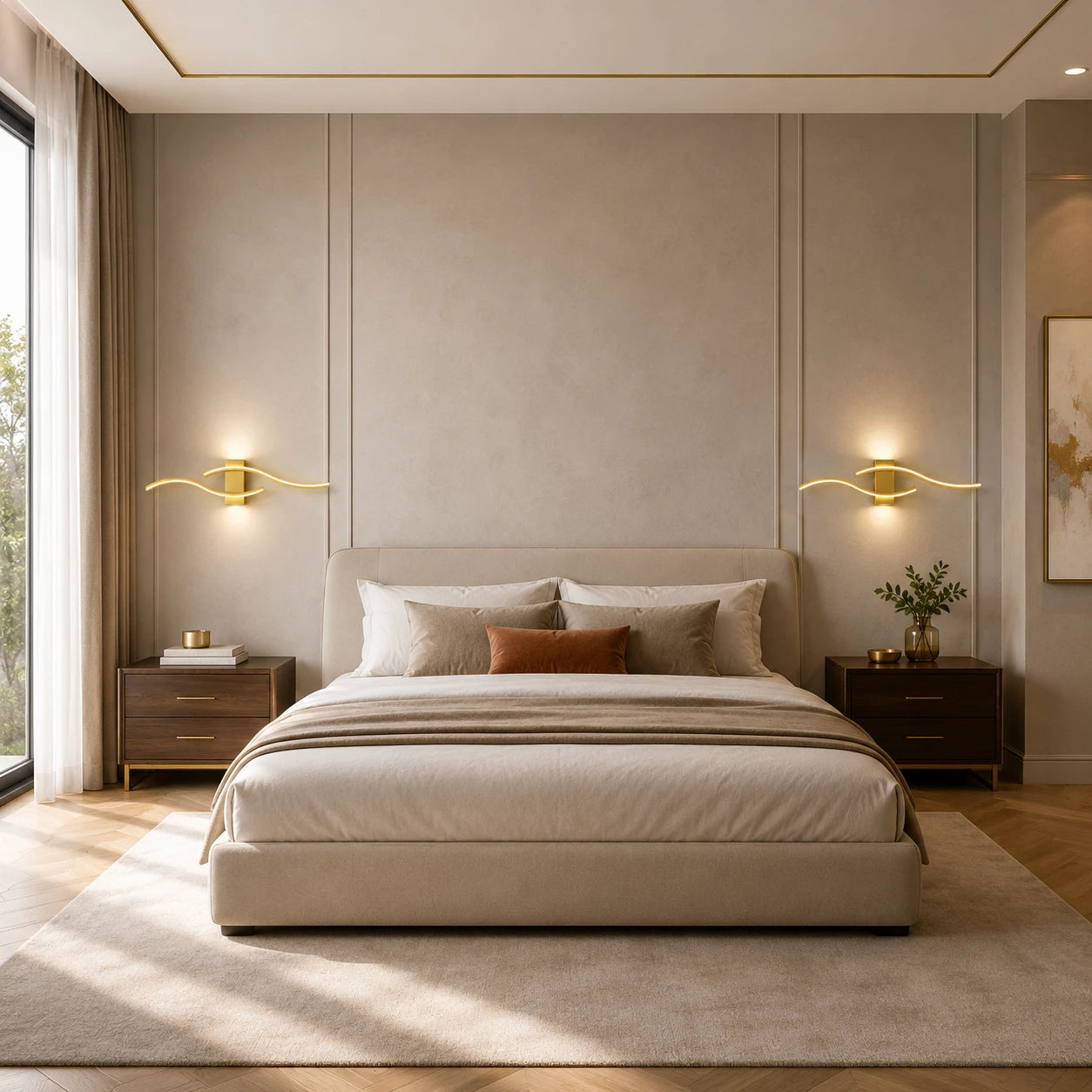 Wave LED Modern Wall Light lifestyle in bedroom, gold variant