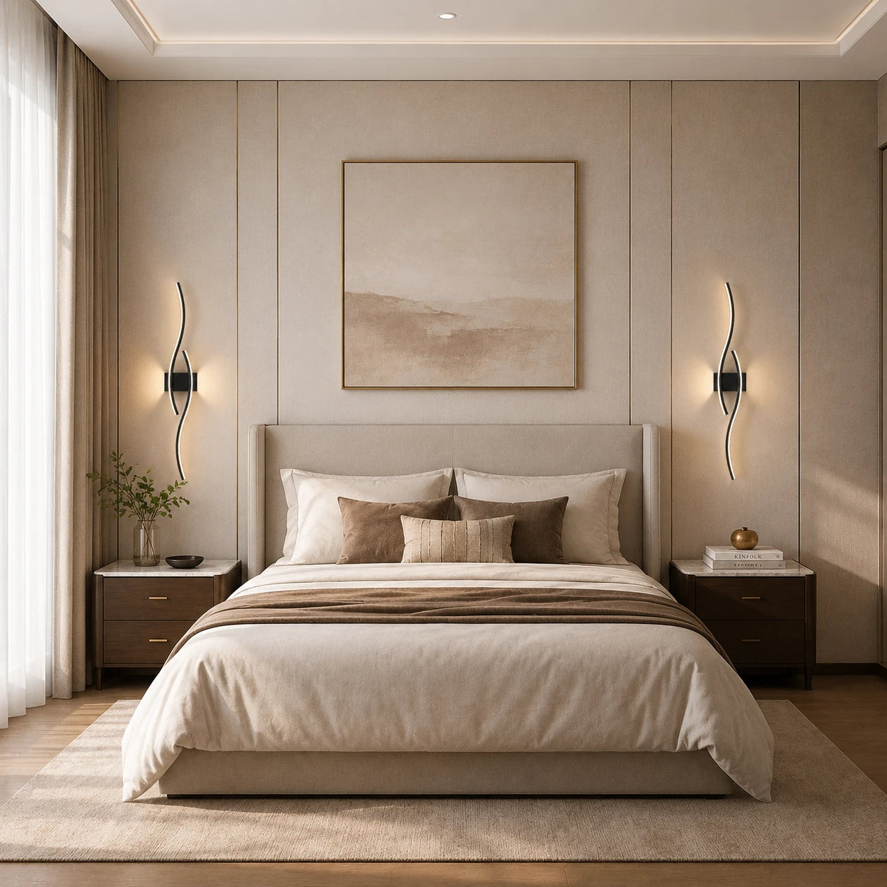 Pair of black wave LED wall lights either side of a bed in a calm neutral bedroom with nightstands