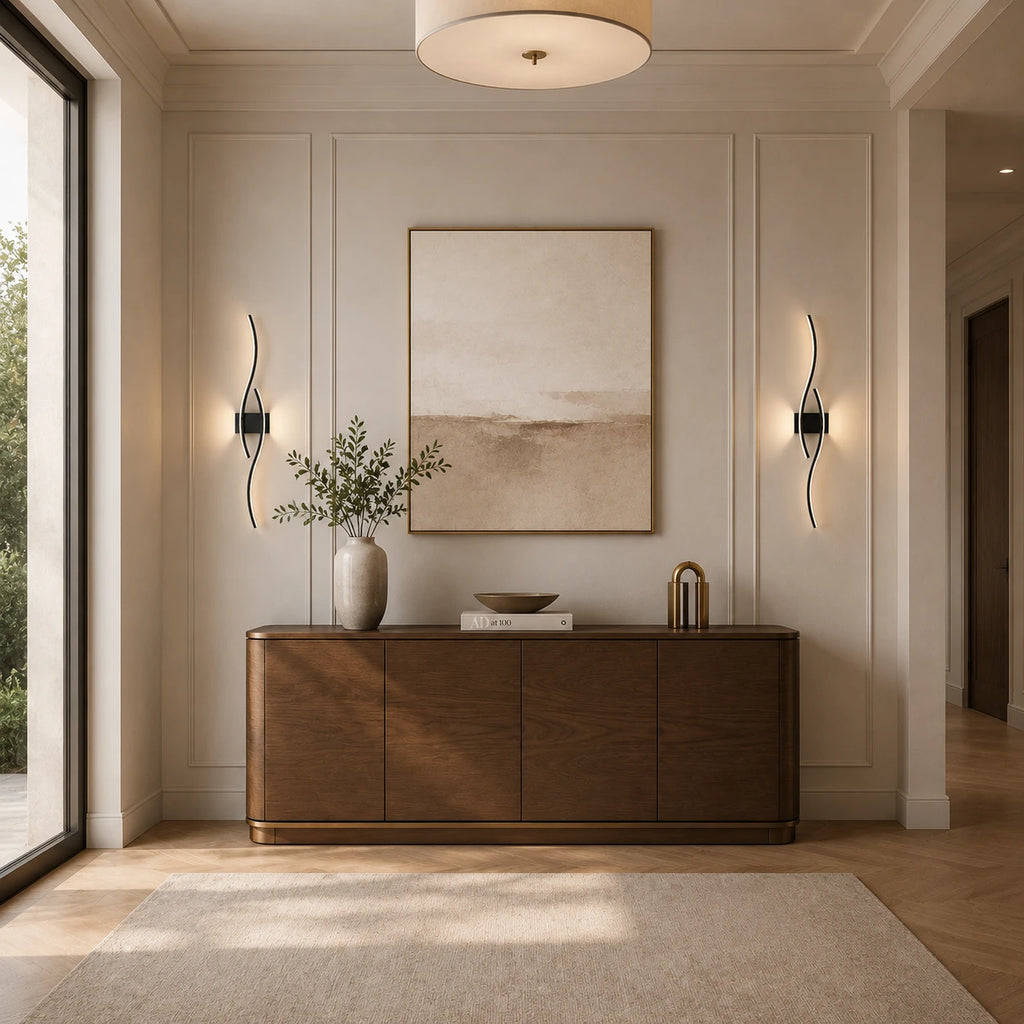 Pair of black wave LED wall lights flanking a sideboard and artwork in a bright modern entrance hallway
