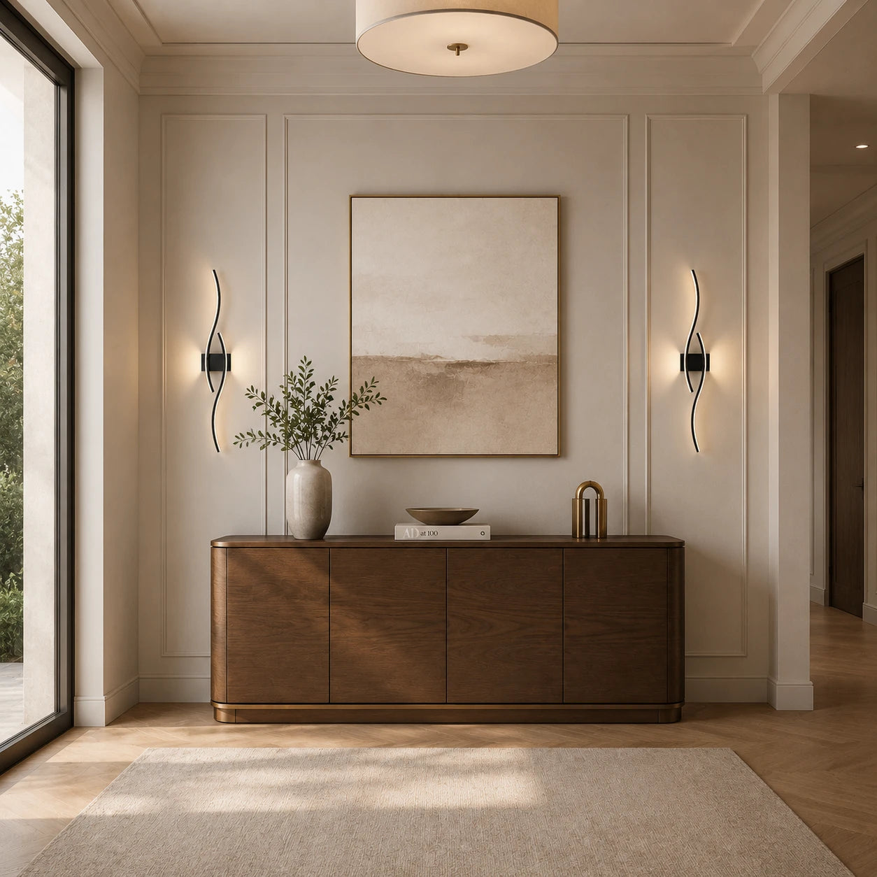 Pair of black wave LED wall lights flanking a sideboard and artwork in a bright modern entrance hallway
