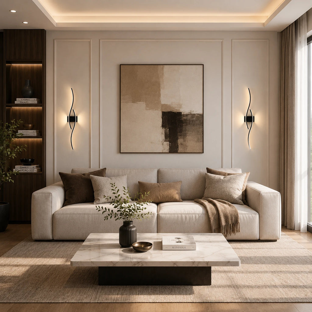 Black wave LED modern wall lights flanking a large abstract artwork above a sofa in a sophisticated living room