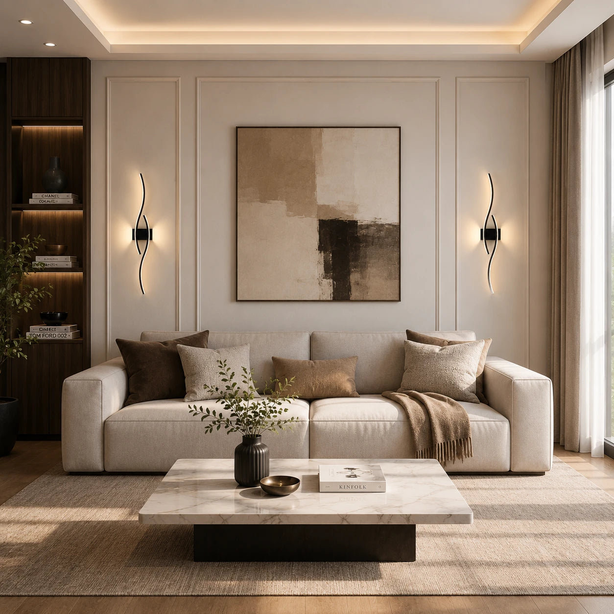 Black wave LED modern wall lights flanking a large abstract artwork above a sofa in a sophisticated living room