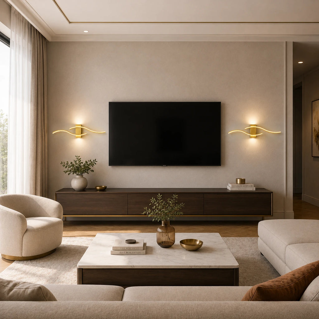 Gold wave LED wall lights flanking a wall-mounted TV in a warm modern living room with marble coffee table