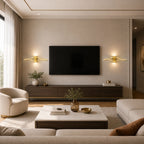 Gold wave LED wall lights flanking a wall-mounted TV in a warm modern living room with marble coffee table