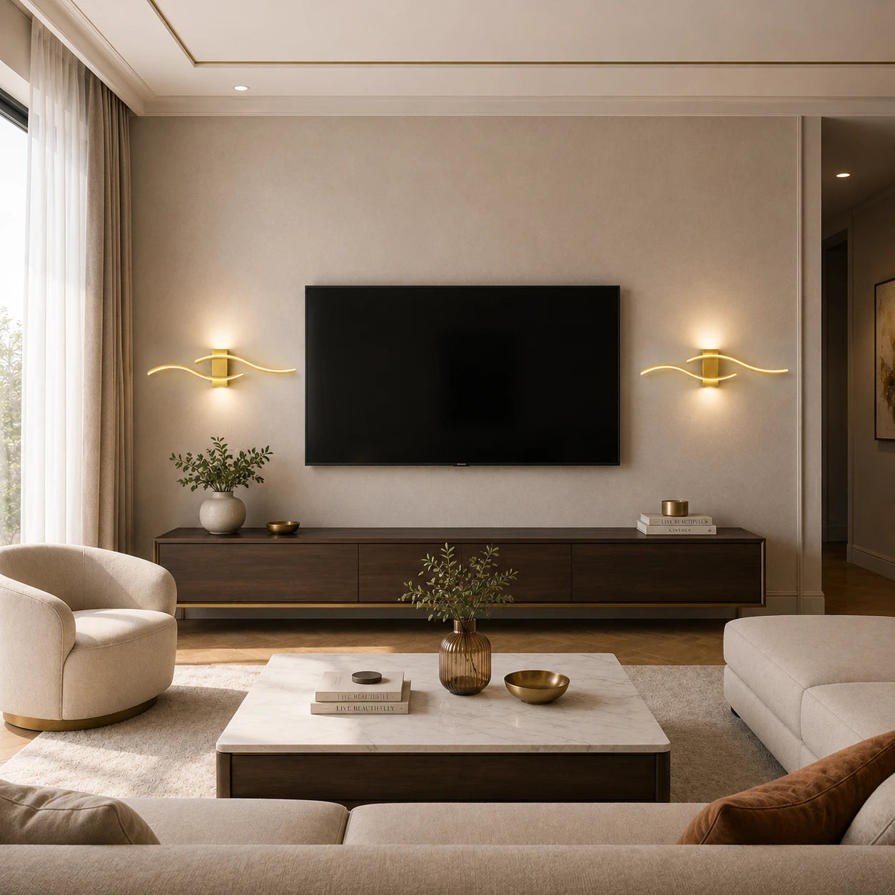 Gold wave LED wall lights flanking a wall-mounted TV in a warm modern living room with marble coffee table