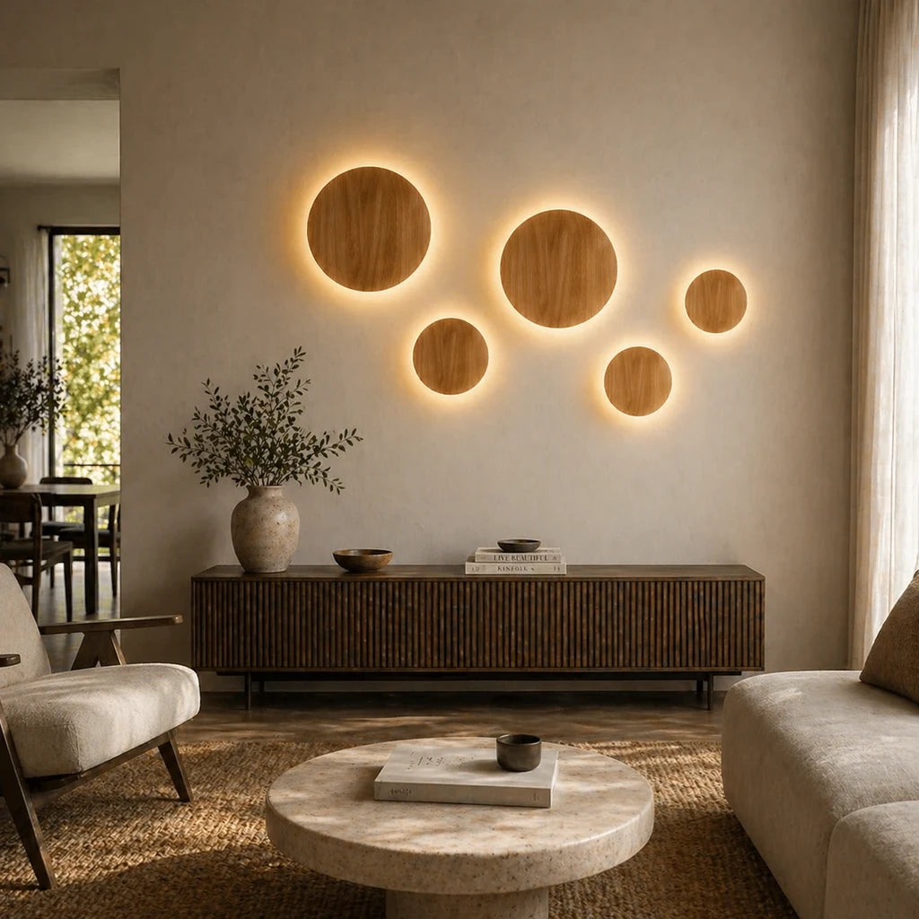 Wooden Backlit LED Japandi Wall Light after installation in living room