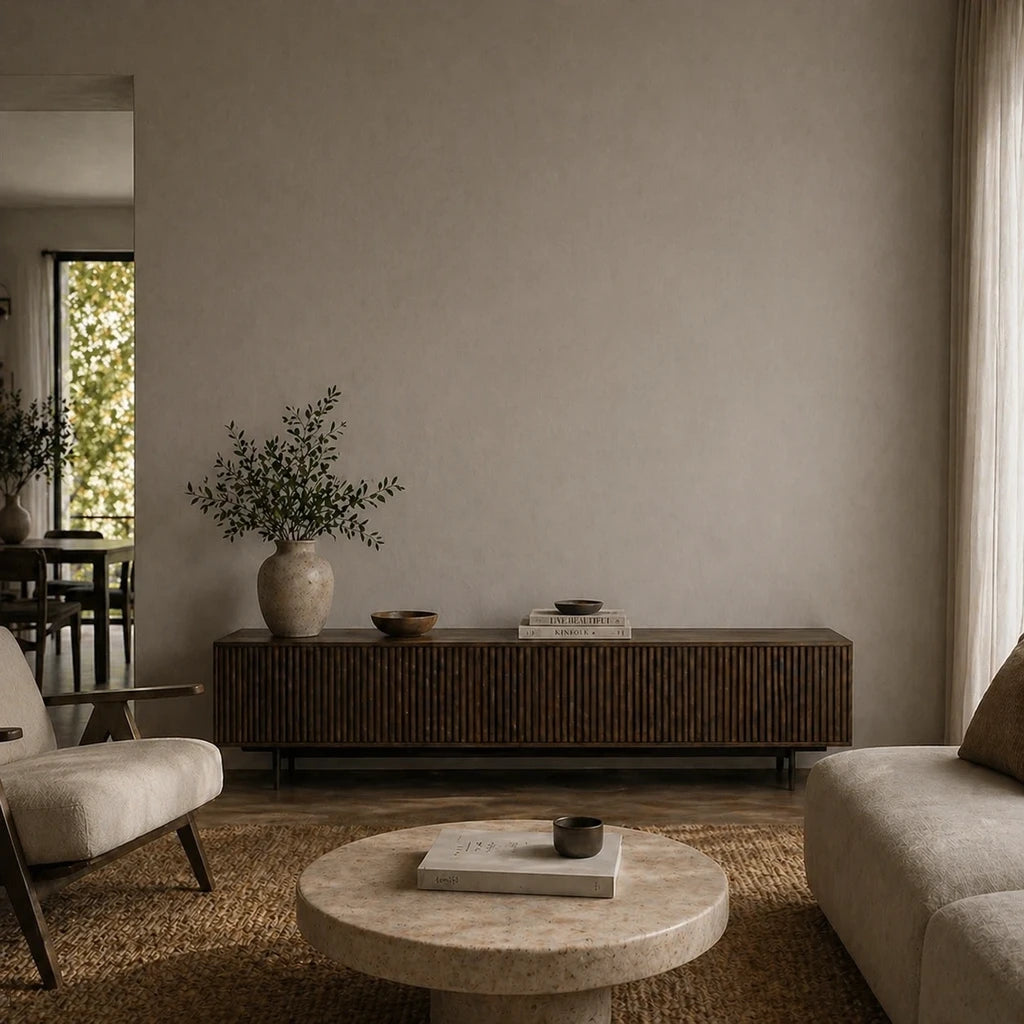 Japandi living room with dark fluted sideboard and travertine coffee table before installing the wooden backlit Japandi wall light