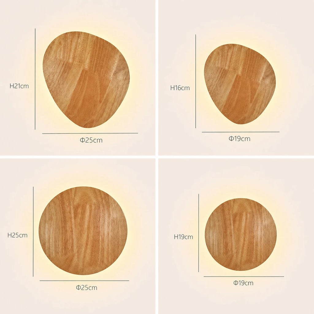 Wooden backlit LED Japandi wall light dimensions — round small 19cm, round large 25cm, oval small 25x16cm, oval large 35x22cm.