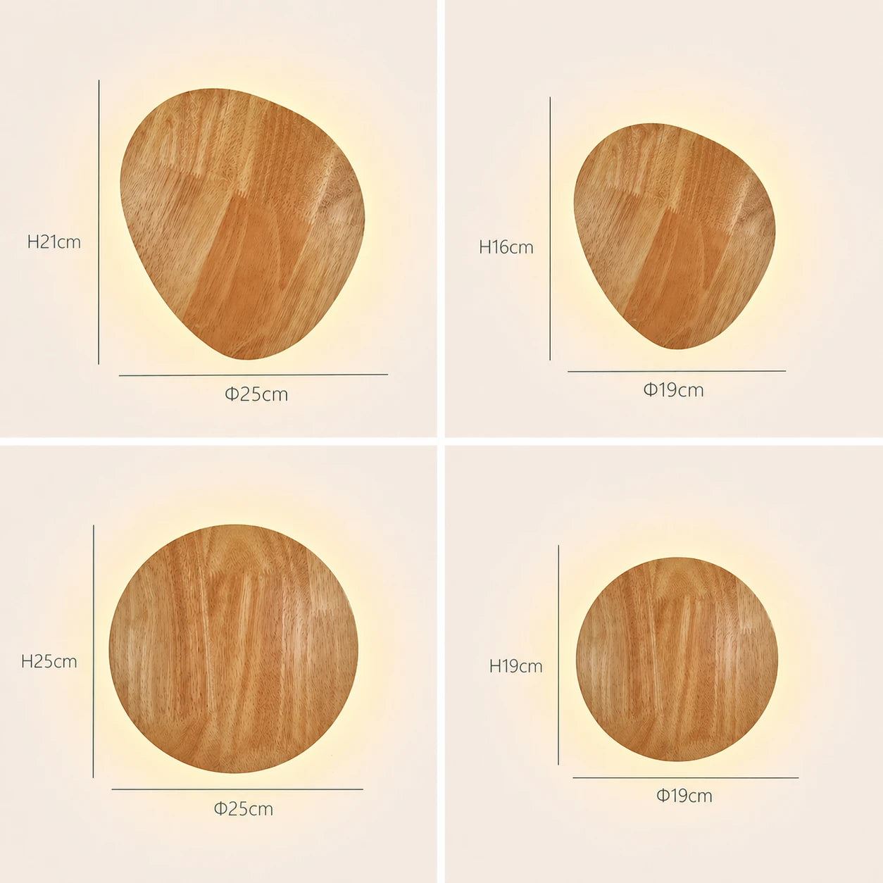 Wooden backlit LED Japandi wall light dimensions — round small 19cm, round large 25cm, oval small 25x16cm, oval large 35x22cm.
