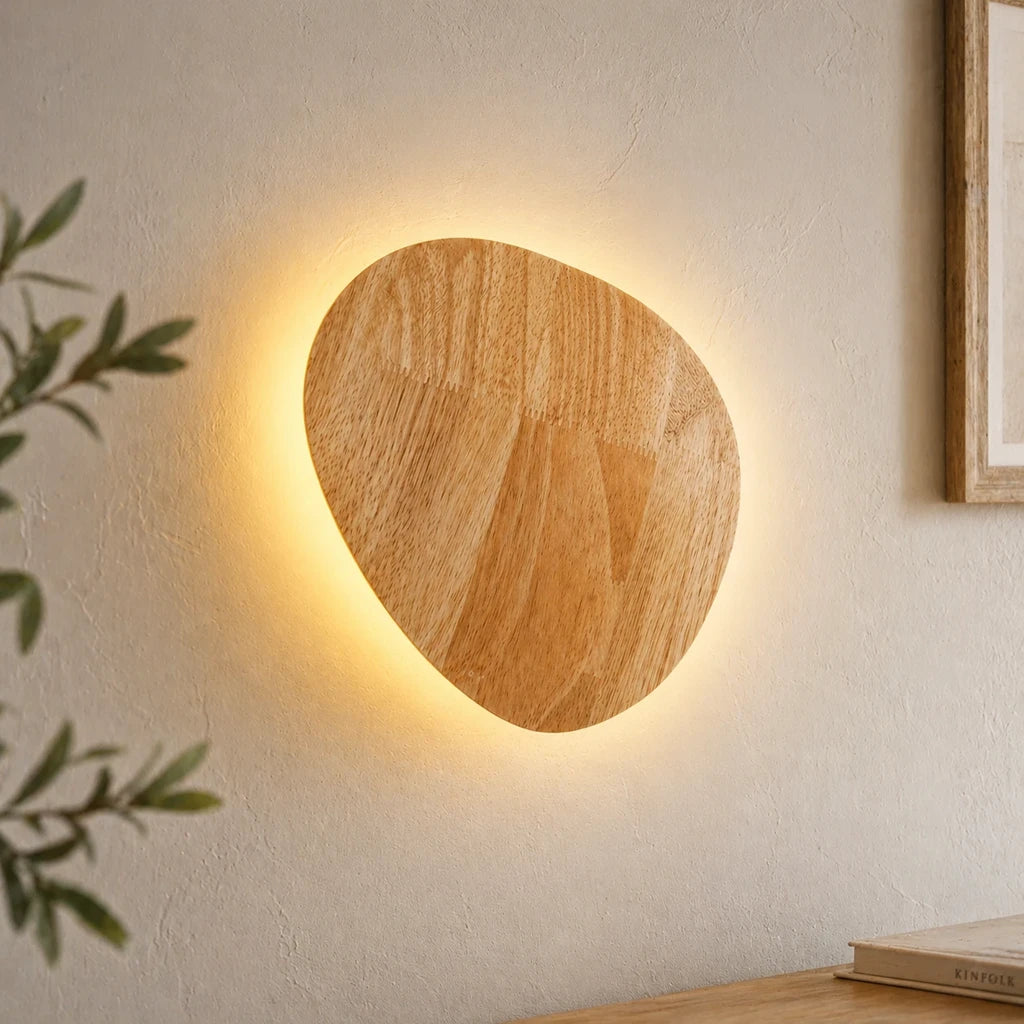 Wooden backlit LED Japandi wall light oval version — warm white LED diffusing through layered natural wood slats.