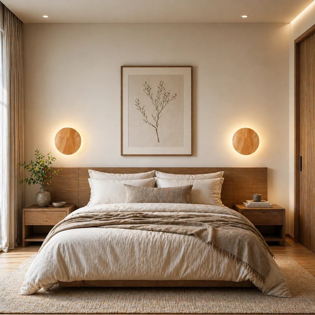 Wooden backlit LED Japandi wall light mounted above a platform bed as a soft ambient bedside light in a minimalist bedroom.