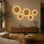 Wooden backlit LED Japandi wall light in a beamed interior with slat wall panels, blending into natural Japandi decor.