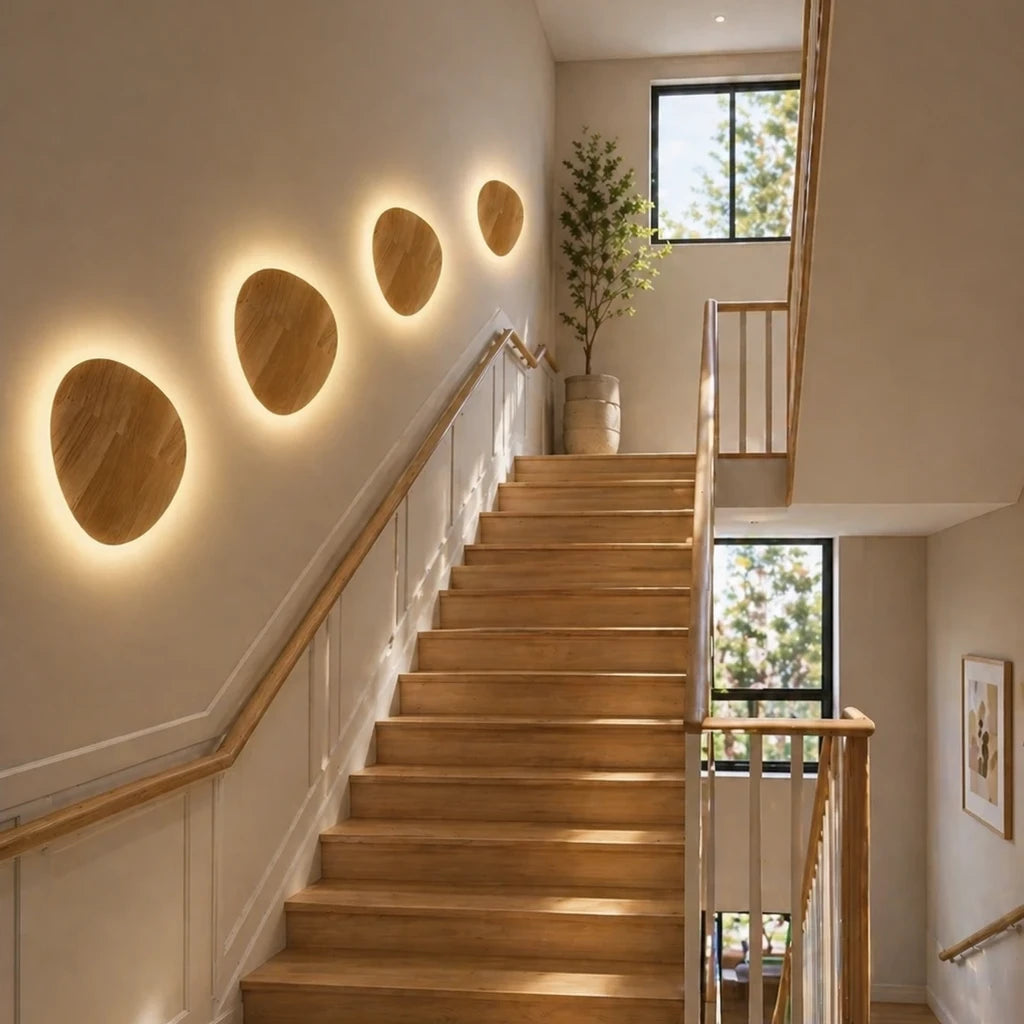 Wooden backlit LED Japandi wall light beside a sofa on a neutral wall, warming a minimal Japandi living room corner.