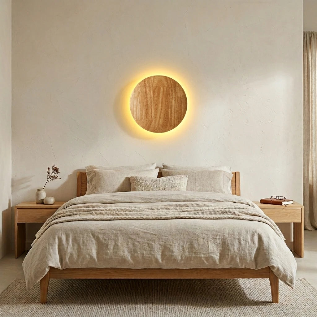 Japandi oval backlit LED wall lights ascending a staircase formation — gallery-style installation without artwork or frames needed.