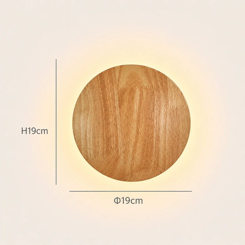 Wooden backlit LED Japandi wall light — round small size, compact and perfect for narrow walls, alcoves, and bedside placement.