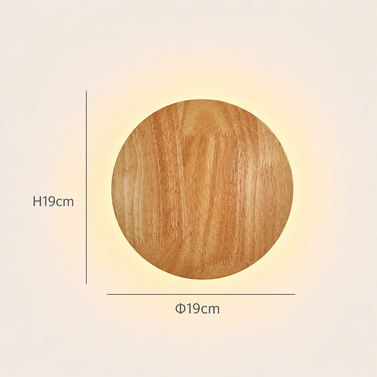 Wooden backlit LED Japandi wall light — round small size, compact and perfect for narrow walls, alcoves, and bedside placement.