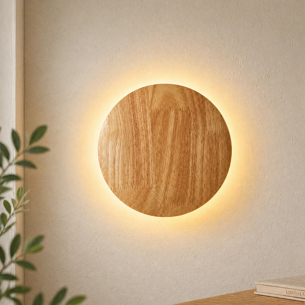 Wooden backlit LED Japandi wall light — round shape.