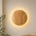 Wooden backlit LED Japandi wall light — round shape.