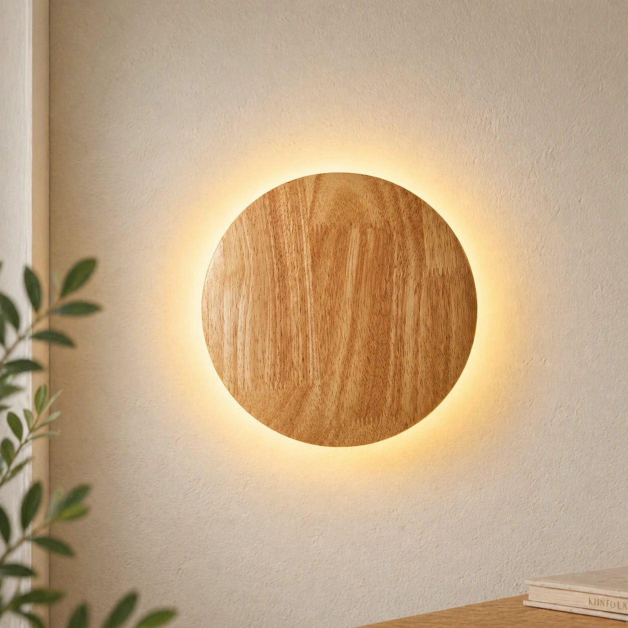 Wooden backlit LED Japandi wall light — round shape.